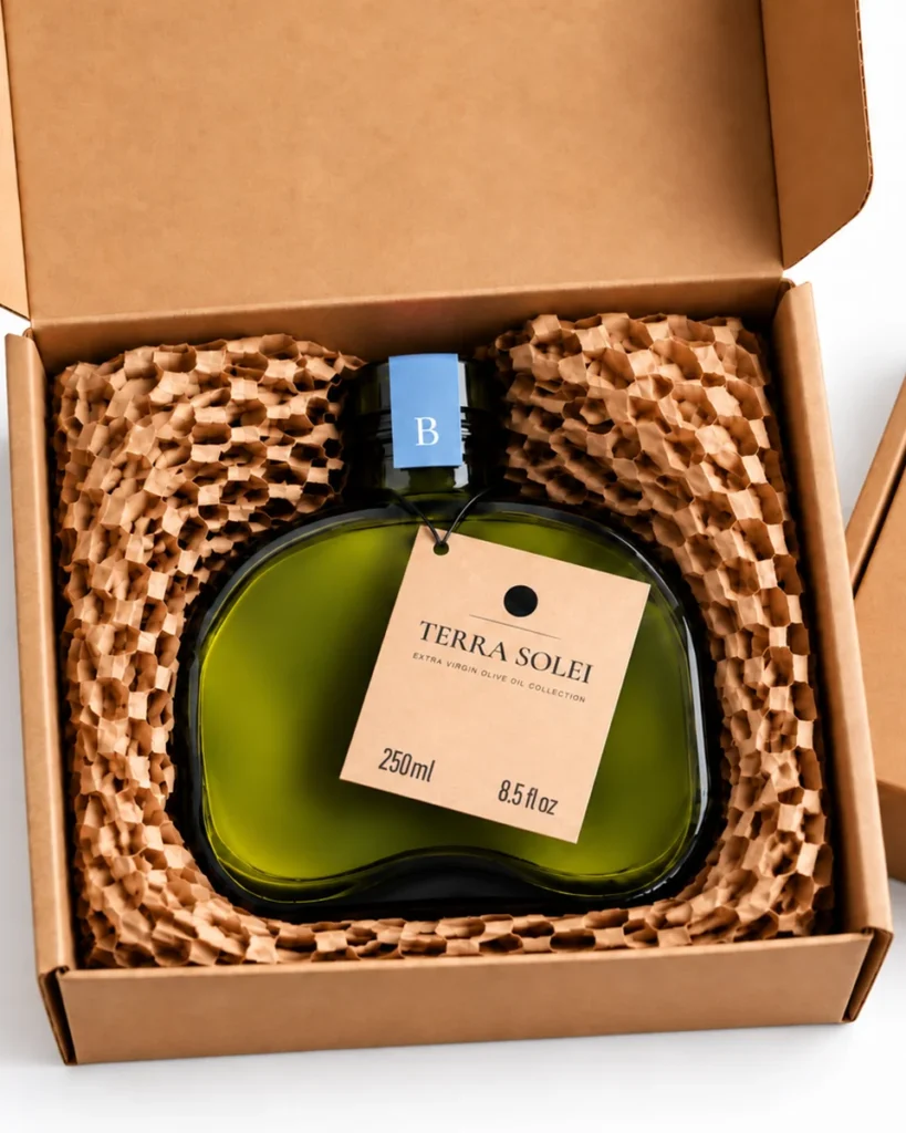 Terra Solei Balanced bottle in its kraft presentation box with honeycomb paper protection