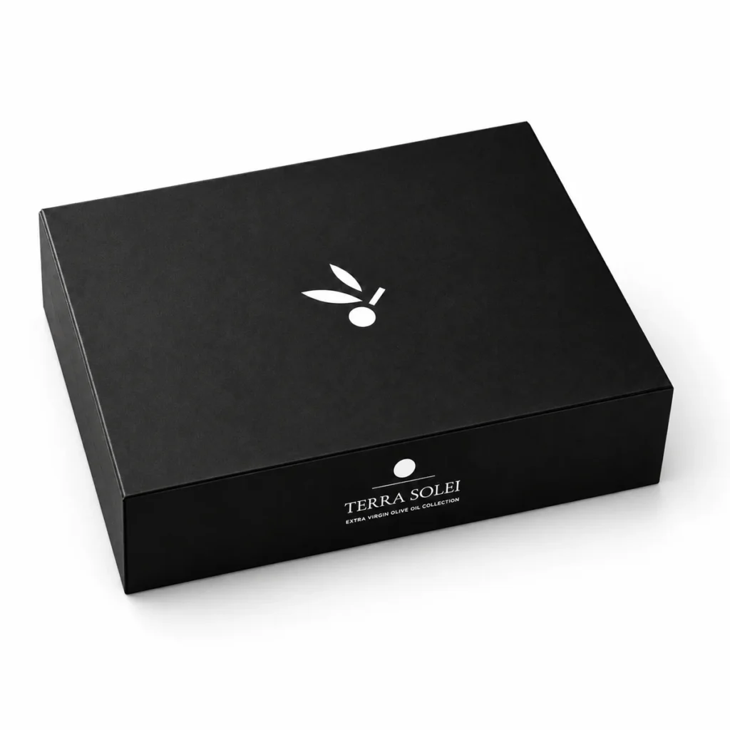 Terra Solei Duo set closed, black gift box with the olive emblem