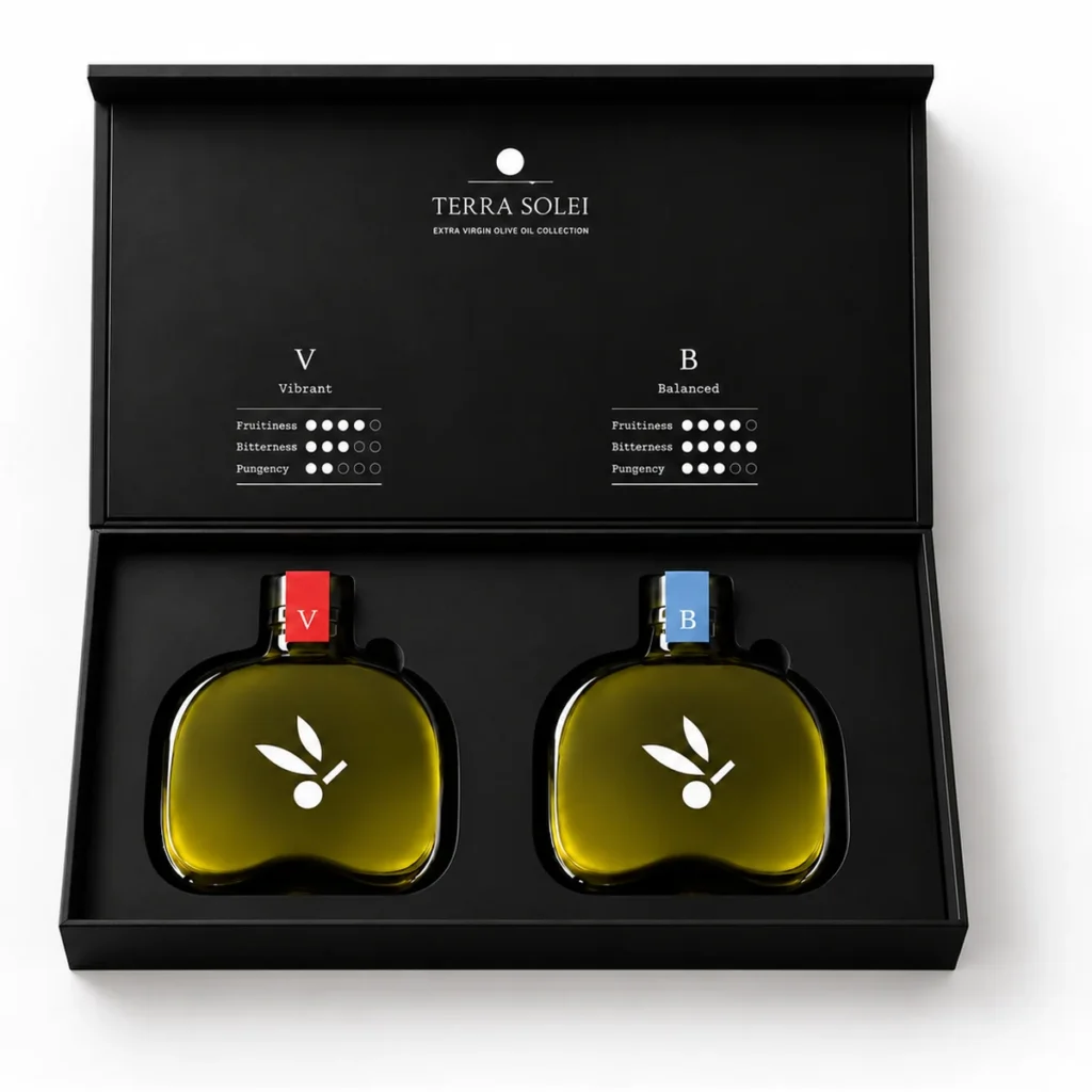 Terra Solei Duo set open, with the Vibrant and Balanced bottles and the tasting card