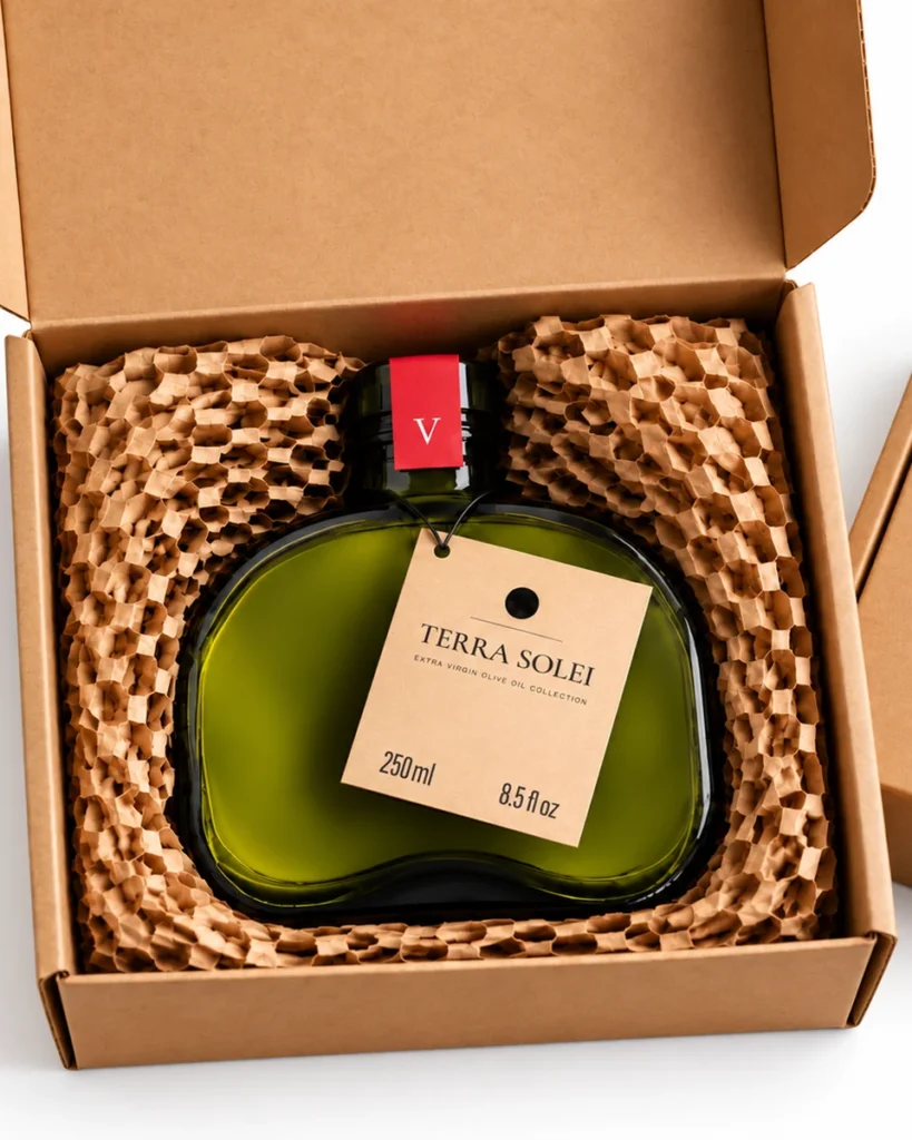 Terra Solei Vibrant bottle in its kraft presentation box with honeycomb paper protection